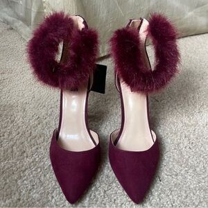 Elegant Burgundy Fur-Trimmed Heels
